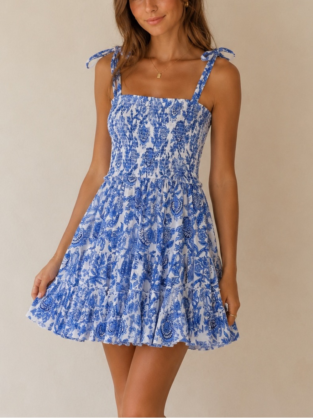 CB Positano Lulu Mini Smocked Blue & White Floral Tie-Shoulder Dress | One Size